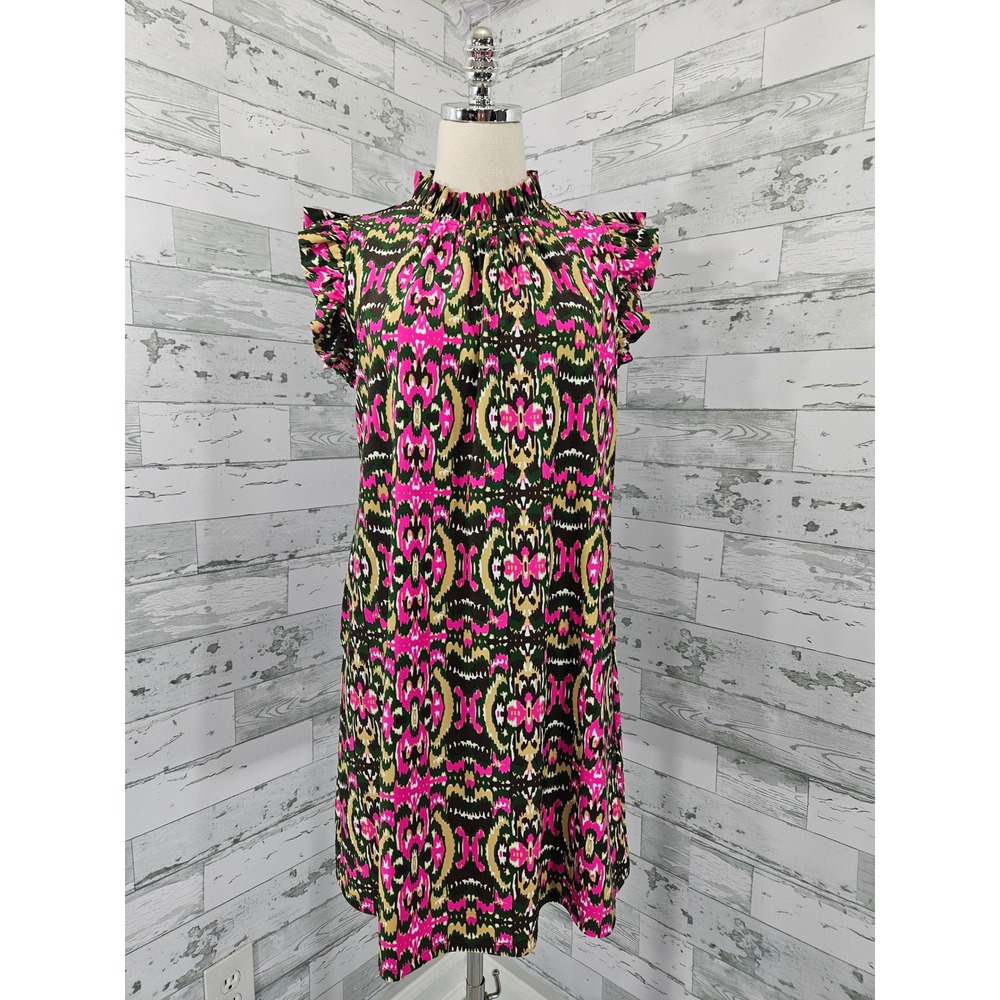 Jude Connally Pink Green Ikat Ruffle Mock Neck Shift Dress Pockets Womens Medium